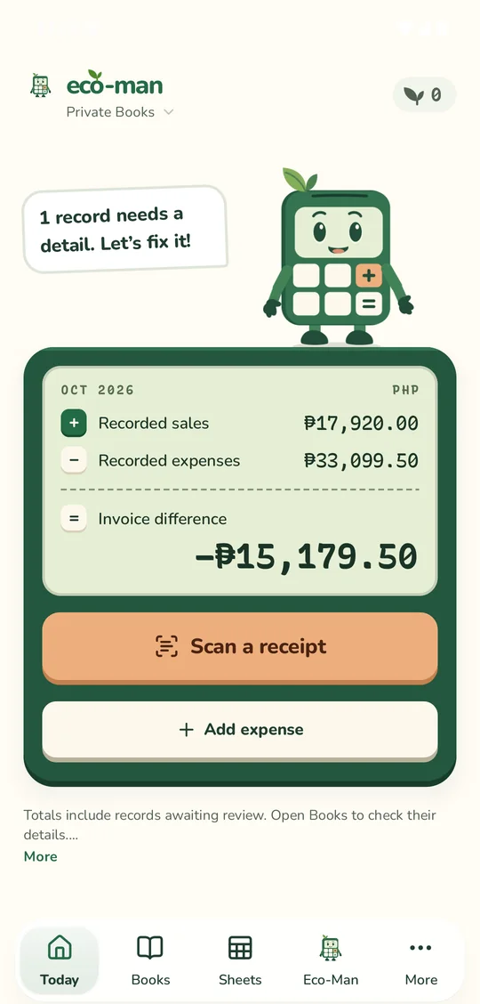 Eco-Man, an Android record book, showing this month’s sales, expenses, and a Scan a receipt button